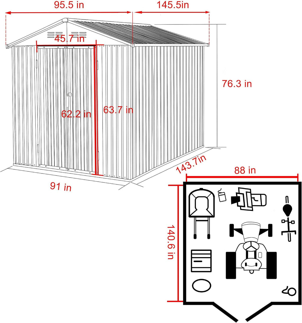 MUPATER 8x12 FT Outdoor Metal Storage Shed, Waterproof Garden Tool Shed Kit with Lockable Doors, Garden Furniture Tools Storage Shed House with Vents for Backyard, Patio, Grey
