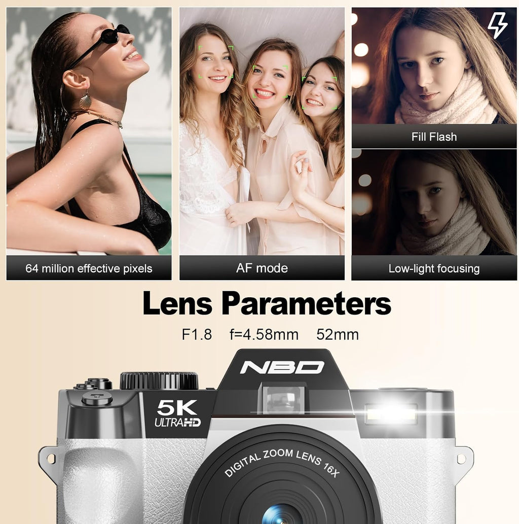 NBD 5K Digital Cameras for Photography - 16X Zoom Travel Camera with 180° Flip Screen, 64MP Vlogging Cameras Fotograficas for YouTube, Auto Focus, Macro Lens, 2 Batteries & 64GB TF Card（White）