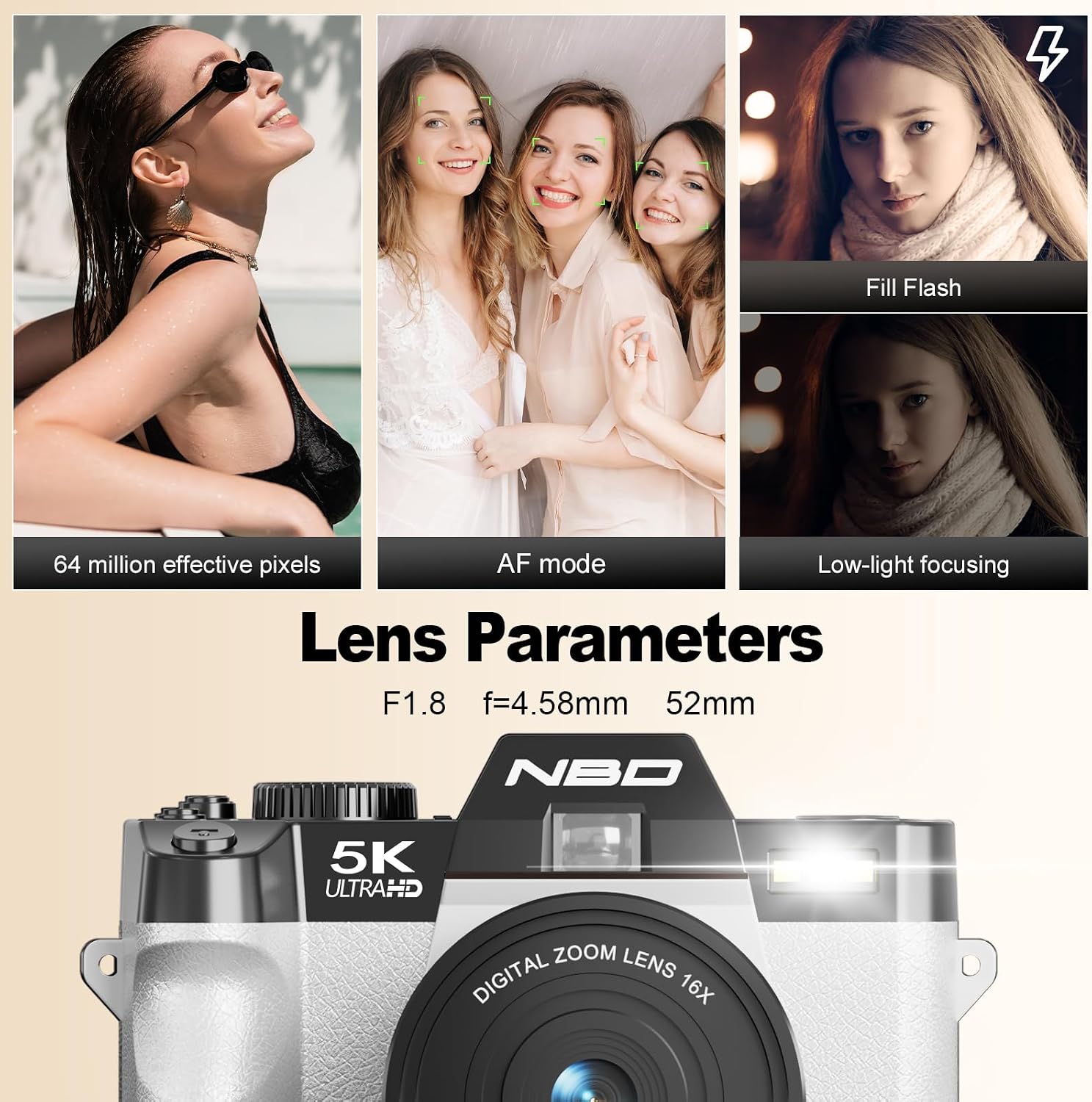 NBD 5K Digital Cameras for Photography - 16X Zoom Travel Camera with 180° Flip Screen, 64MP Vlogging Cameras Fotograficas for YouTube, Auto Focus, Macro Lens, 2 Batteries & 64GB TF Card（White）