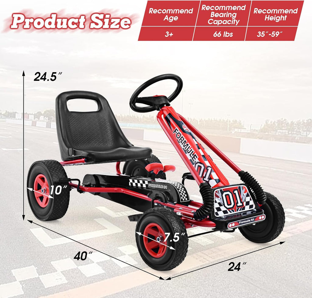 HONEY JOY Go Kart for Kids, 4 Wheel Quad Off-Road Pedal On Foot Go Cart w/Steering Wheels & Adjustable Seat, 2 Safety Brakes, EVA Tires, Clutch, Outdoor Racer Ride On Pedal Car (Red)