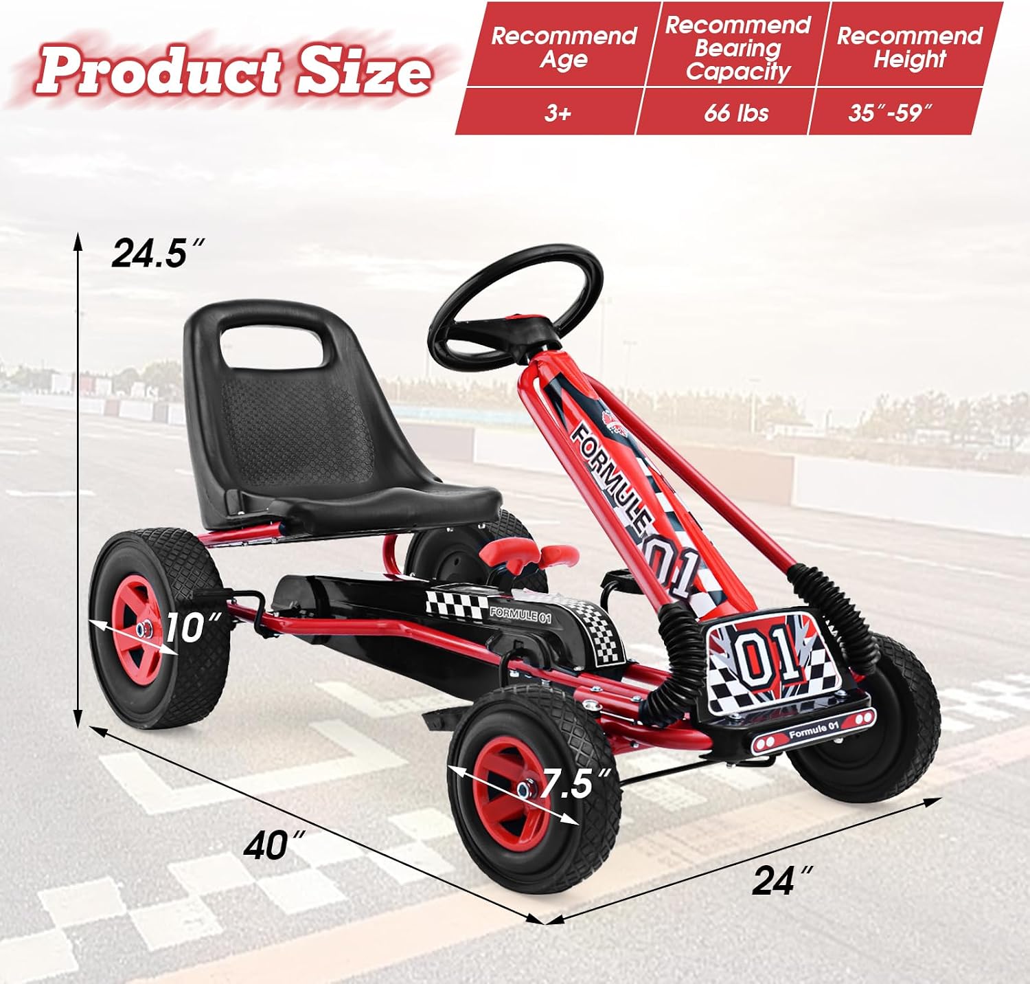 HONEY JOY Go Kart for Kids, 4 Wheel Quad Off-Road Pedal On Foot Go Cart w/Steering Wheels & Adjustable Seat, 2 Safety Brakes, EVA Tires, Clutch, Outdoor Racer Ride On Pedal Car (Red)