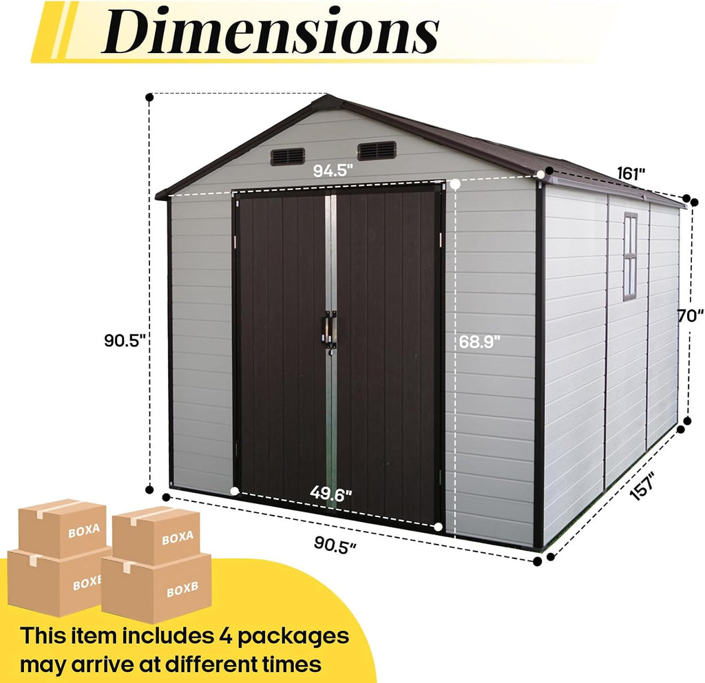 8x14ft Resin Outdoor Storage Shed with Floor and 2 Windows, Plastic Sheds & Outdoor Storage Clearance for Patio Furniture, GardenTools, Bike Accessories and Lawn Mower, Brown+White