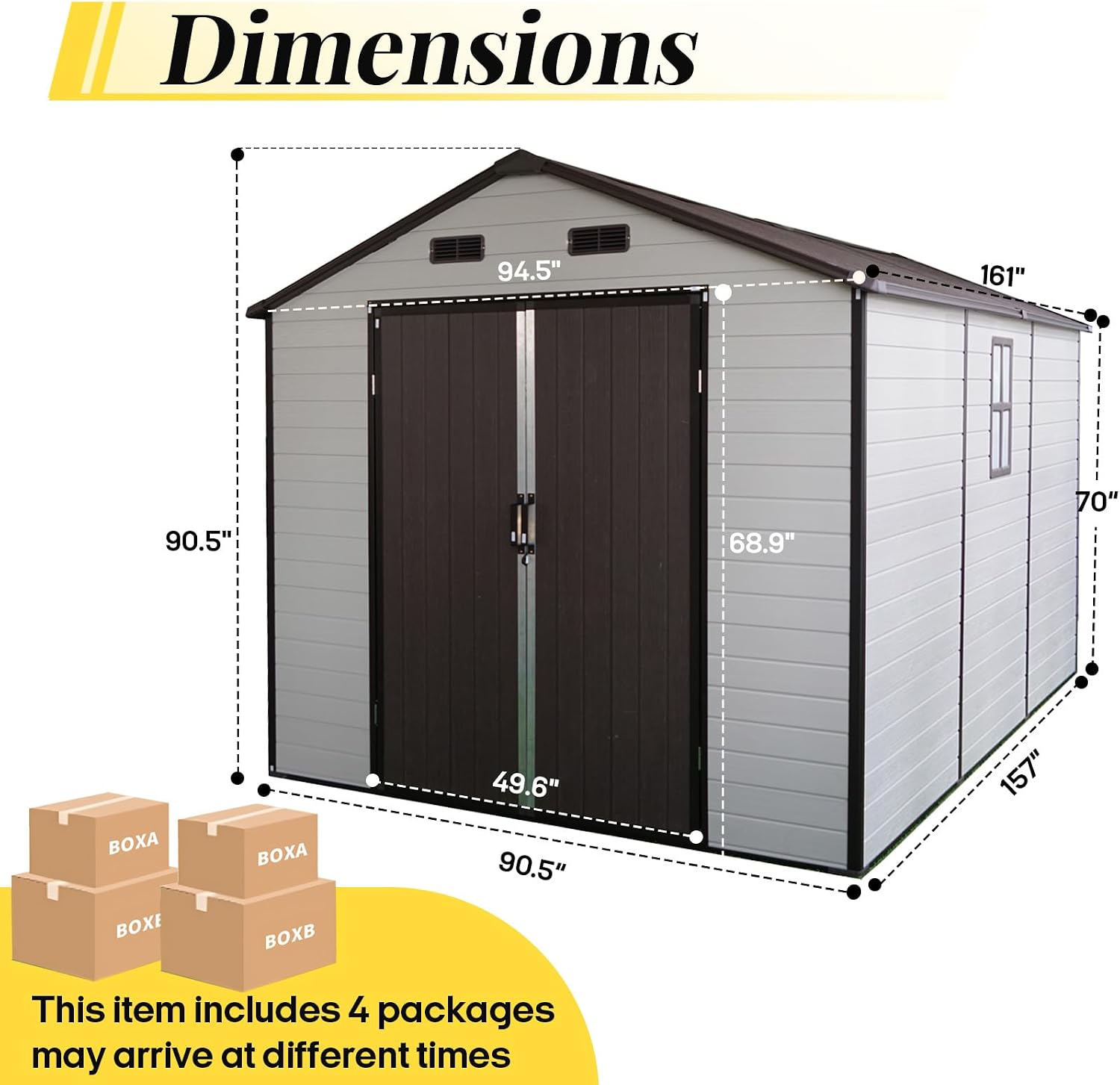 8x14ft Resin Outdoor Storage Shed with Floor and 2 Windows, Plastic Sheds & Outdoor Storage Clearance for Patio Furniture, GardenTools, Bike Accessories and Lawn Mower, Brown+White