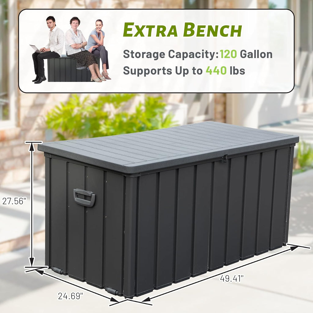 Domi 120 Gallon Deck Box, Outdoor Metal Lockable Storage Cabinet with Resin Lid, Waterproof Steel Outdoor Bench with Lockable Lid, Side Handles for Outside Cushions, Pillows, Garden Tools, Grey