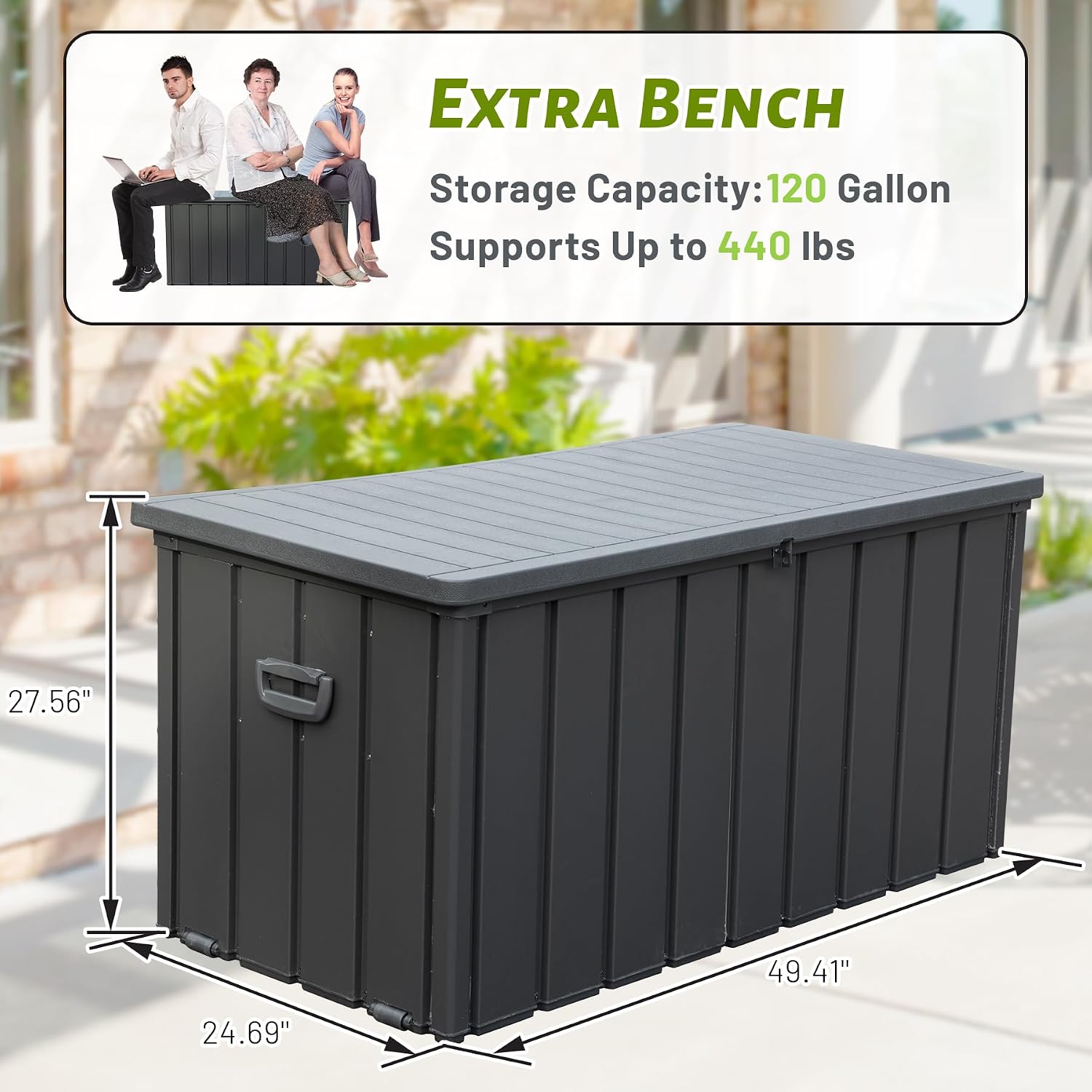 Domi 120 Gallon Deck Box, Outdoor Metal Lockable Storage Cabinet with Resin Lid, Waterproof Steel Outdoor Bench with Lockable Lid, Side Handles for Outside Cushions, Pillows, Garden Tools, Grey