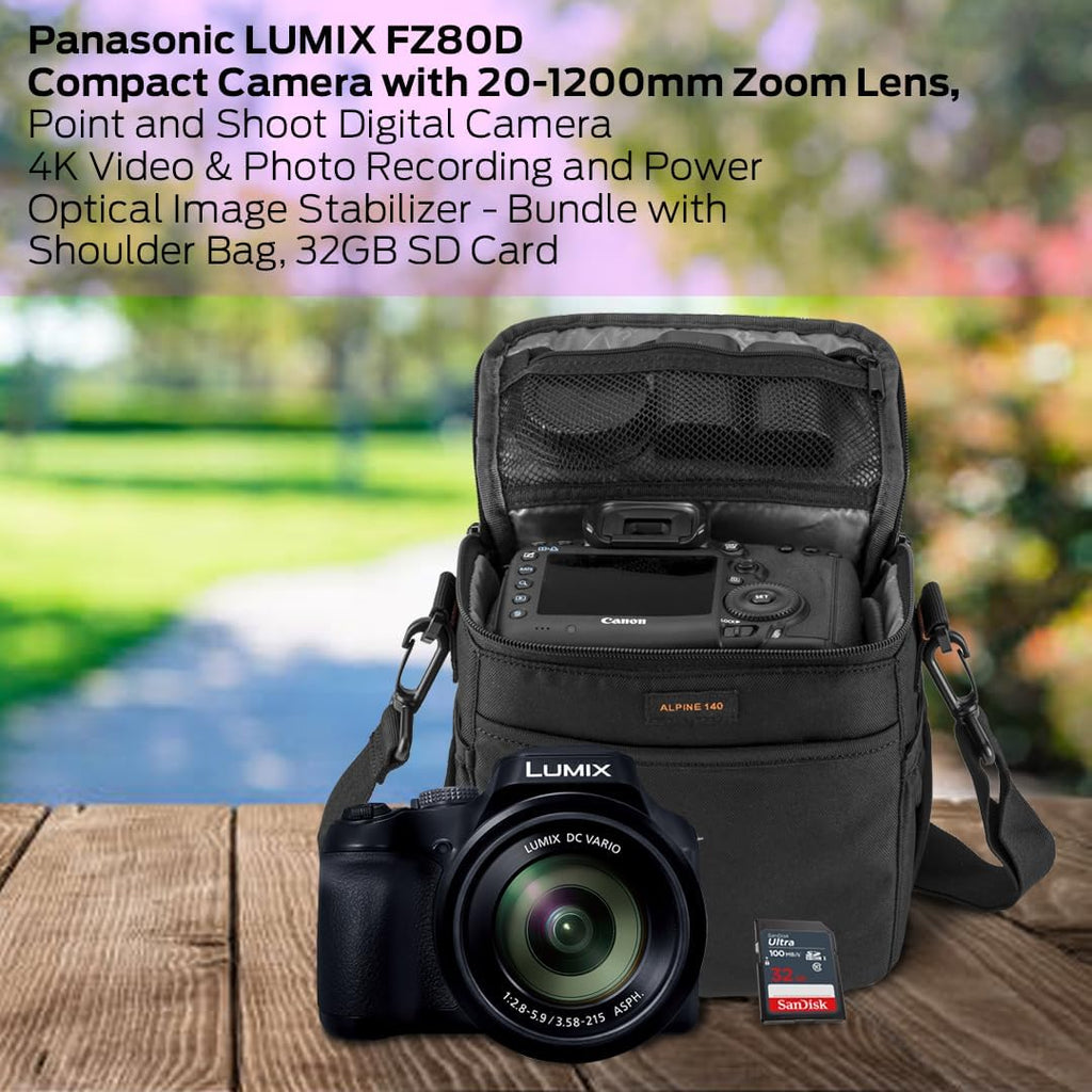Panasonic LUMIX FZ80D 18.1MP Point & Shoot Digital Camera Bundle with Slinger Alpine 140 Multi-Device Shoulder Bag, SanDisk Ultra 32GB UHS-I SDHC Memory Card