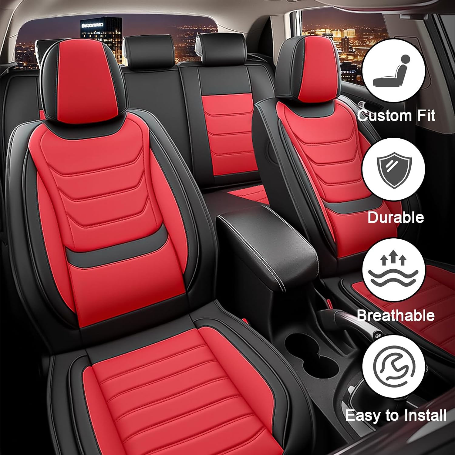 JWLK Seat Covers for Buick Envision 2016-2026, Family Seat Covers for Cars, Non-Slip, Airbag Compatible Vehicle Cushion, Waterproof & Easy-Clean(Standard 5 Seats, Black Red)