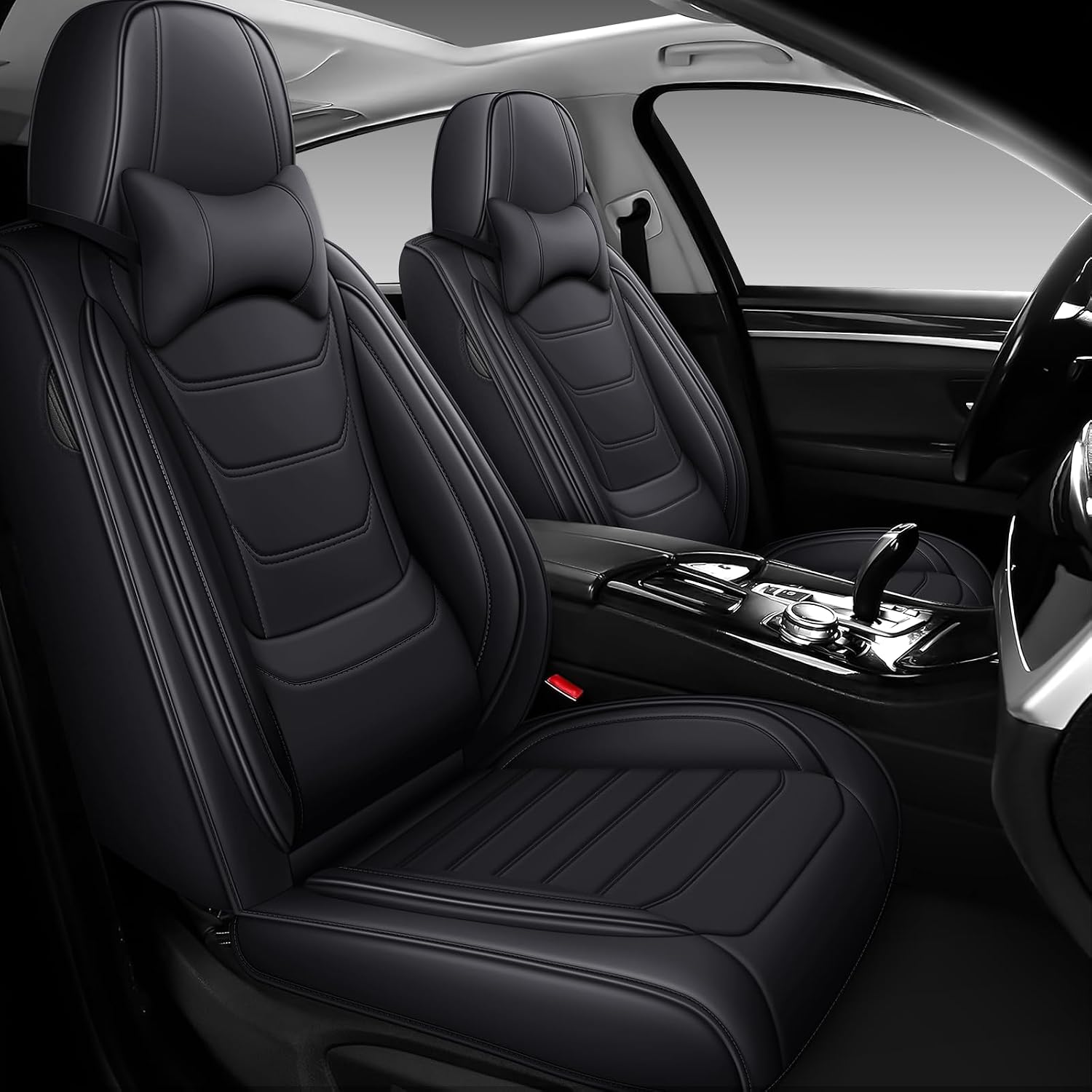 DHAEY Car Seat Covers for Volkswagen Atlas 2018-2025, Family Seat Covers, Nappa Leather, Wear-Resistant, Anti-Slip, Waterproof, 5PCS Full Set with Pillows, Black
