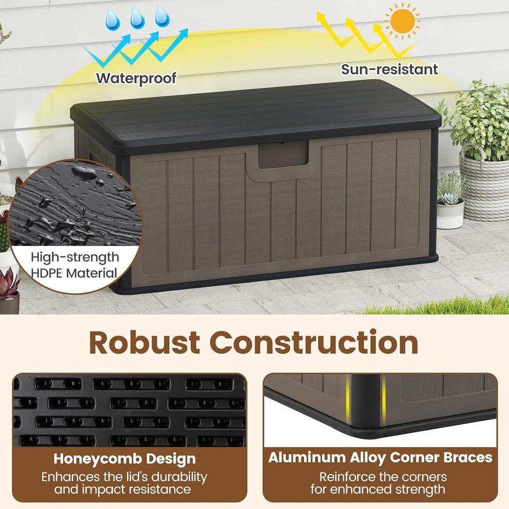 Giantex 100 Gallon Deck Box, Waterproof Resin Box with Lockable Lid, 440Lbs Outdoor HDPE Storage Container Bench for Patio Furniture Cushions, Pool Tools & Garden Accessories (Black+Brown)