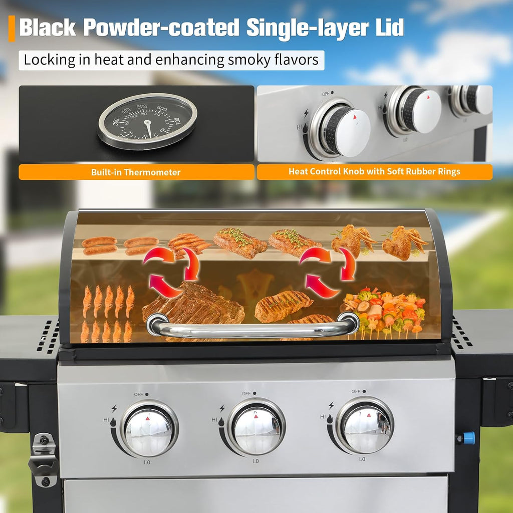 CIG GARDEN 3-Burner Propane Gas Grill,Outdoor Barbecue Grill with Side Tables and Wire Enamel Cooking Grids,31,500 BTU Output Stainless Steel Grill for Patio Garden Camping Backyard BBQ