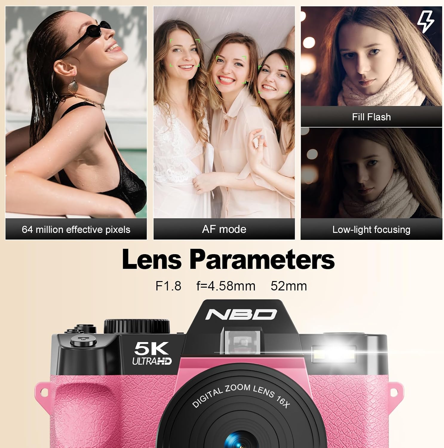 NBD 5K Digital Cameras for Photography - 16X Zoom Travel Camera with 180° Flip Screen, 64MP Vlogging Cameras Fotograficas for YouTube, Auto Focus, Macro Lens, 2 Batteries & 64GB TF Card（Pink）