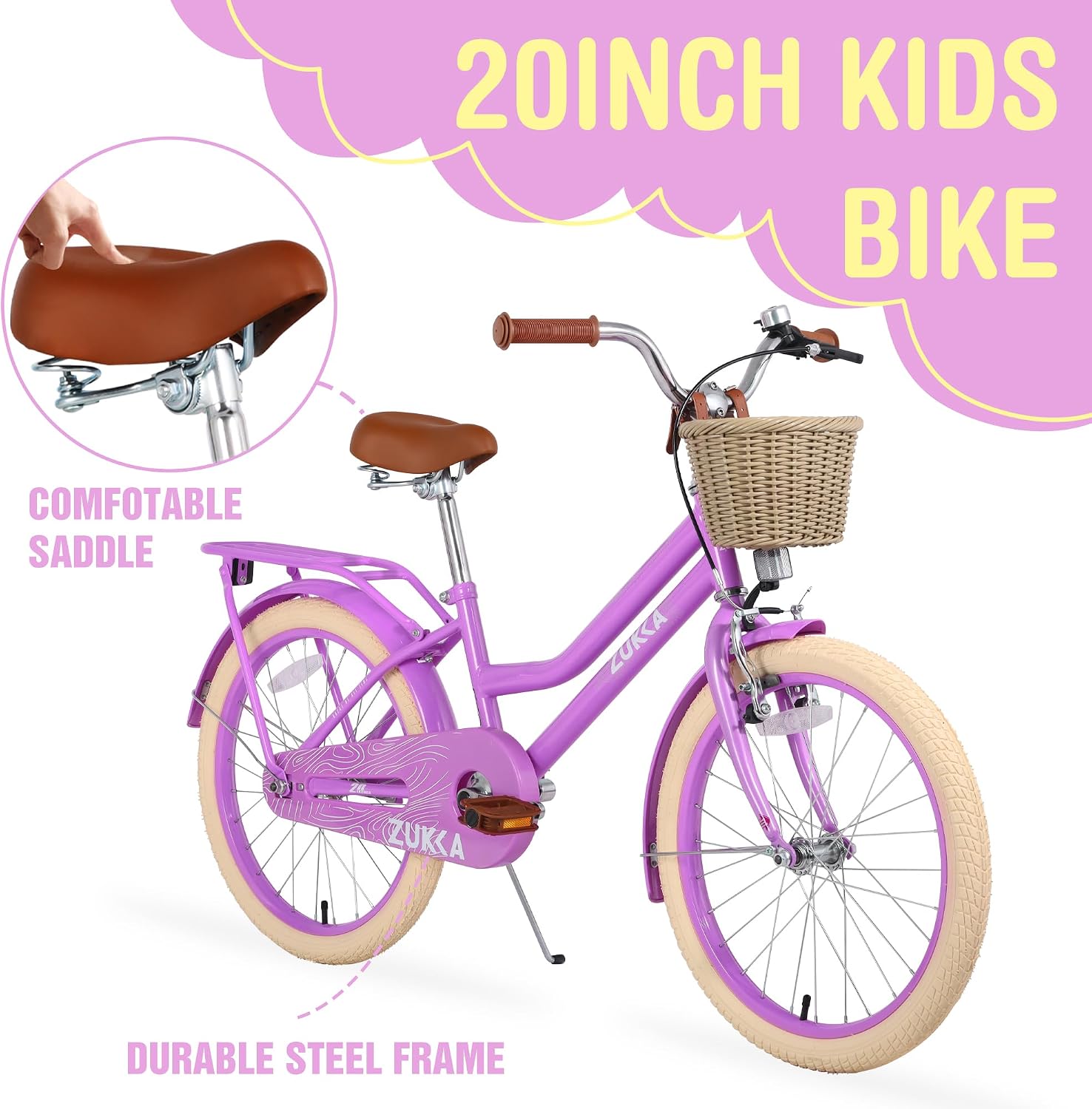 WEEROCK Girls Bike 20/24 Inch Kid Bicycle for 7 + Years Old, 20' 24' Bikes with Front Basket and Rear Rack, V and Coaster Brake for Children, Student Multiple Colors