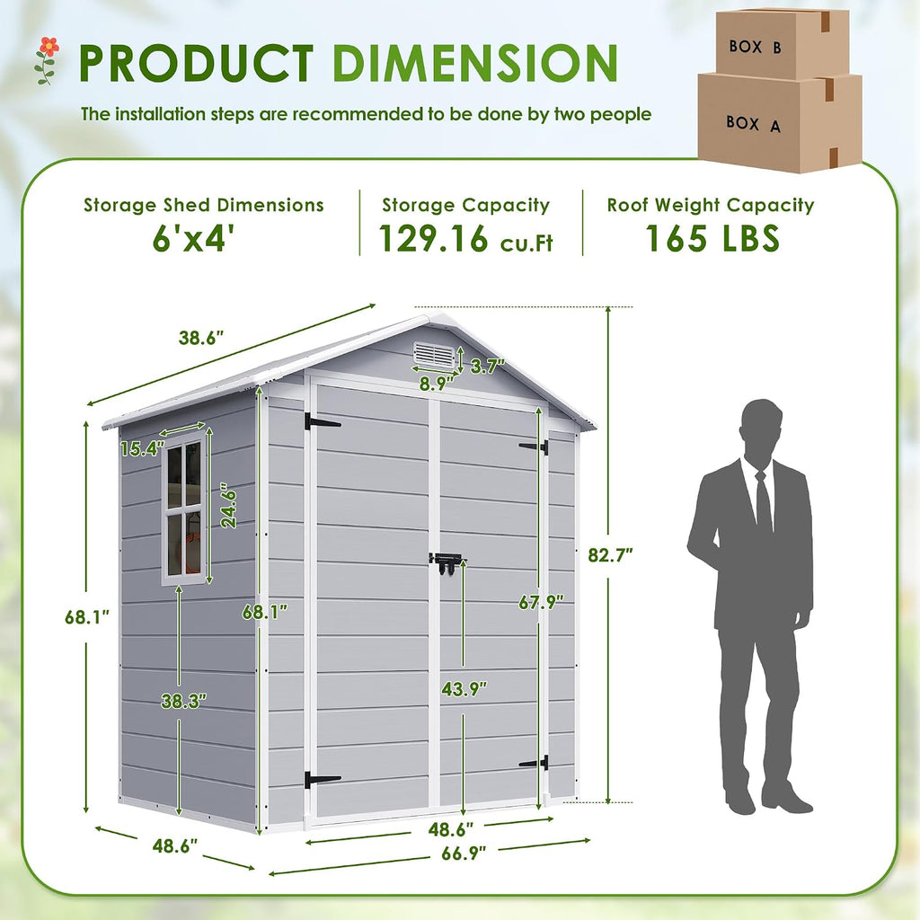 JUMMICO Outdoor Storage Shed, 6 x 4 FT Resin Shed with Floor, Gray