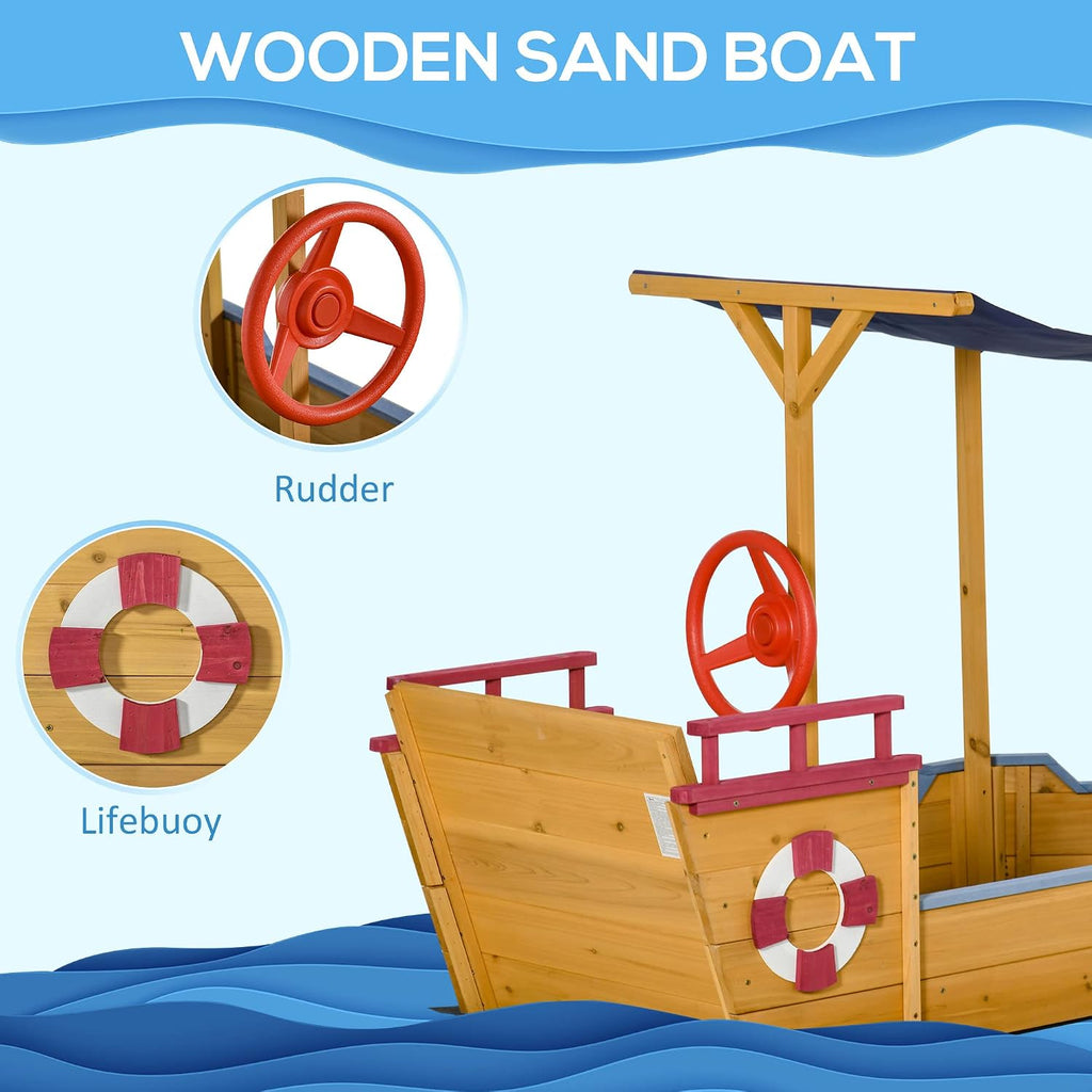 Outsunny Wooden Kids Sandbox with Canopy, Ship-Shape Outdoor Sandboat with Bench Seats, Storage, Non-Woven Fabric Cloth for Backyard, Lawn, Orange