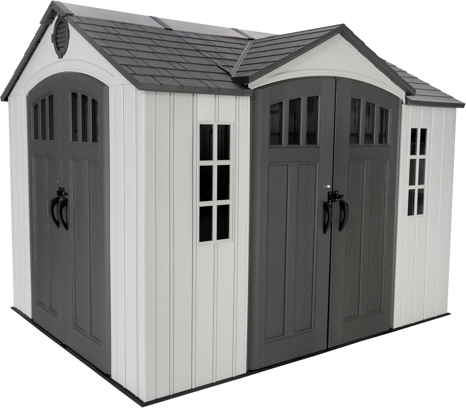 Lifetime Dual Entry Outdoor Storage Shed, 10x8 Ft, Gray, Resin Tool Shed with Double Doors