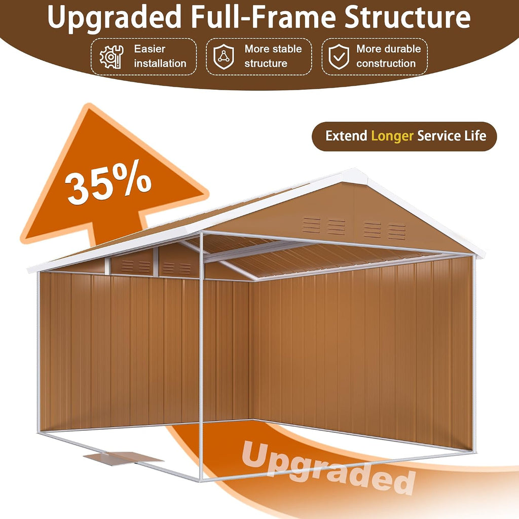 12x8 FT Heavy-Duty Metal Tool Shed with Windows, Lockable Door & Ventilation, Weatherproof Outdoor Garden Storage Shed for Backyard, Lawn, and Tool Organization, Brown