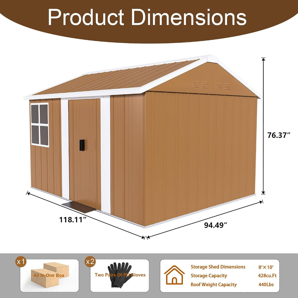 8x10 FT Heavy-Duty Metal Tool Shed with Windows, Lockable Door & Ventilation, Weatherproof Outdoor Garden Storage Shed for Backyard, Lawn, and Tool Organization, Brown