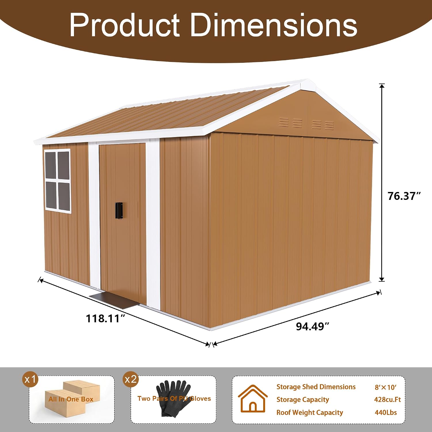 8x10 FT Heavy-Duty Metal Tool Shed with Windows, Lockable Door & Ventilation, Weatherproof Outdoor Garden Storage Shed for Backyard, Lawn, and Tool Organization, Brown