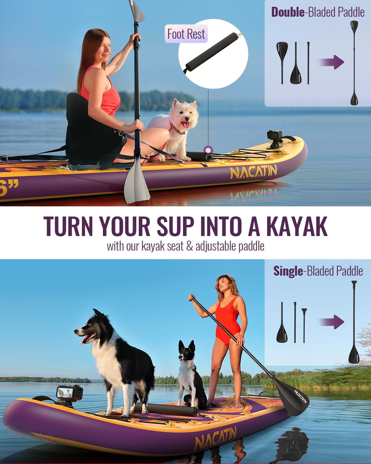 NACATIN 12'/366cm Extra Large Inflatable Stand Up Paddle Board with Seat, Wide 36'/91cm SUP Board for Adults & Family, with Single/Double Paddle, Kayak Seat, Pump, Stable Wide Deck for Beginners