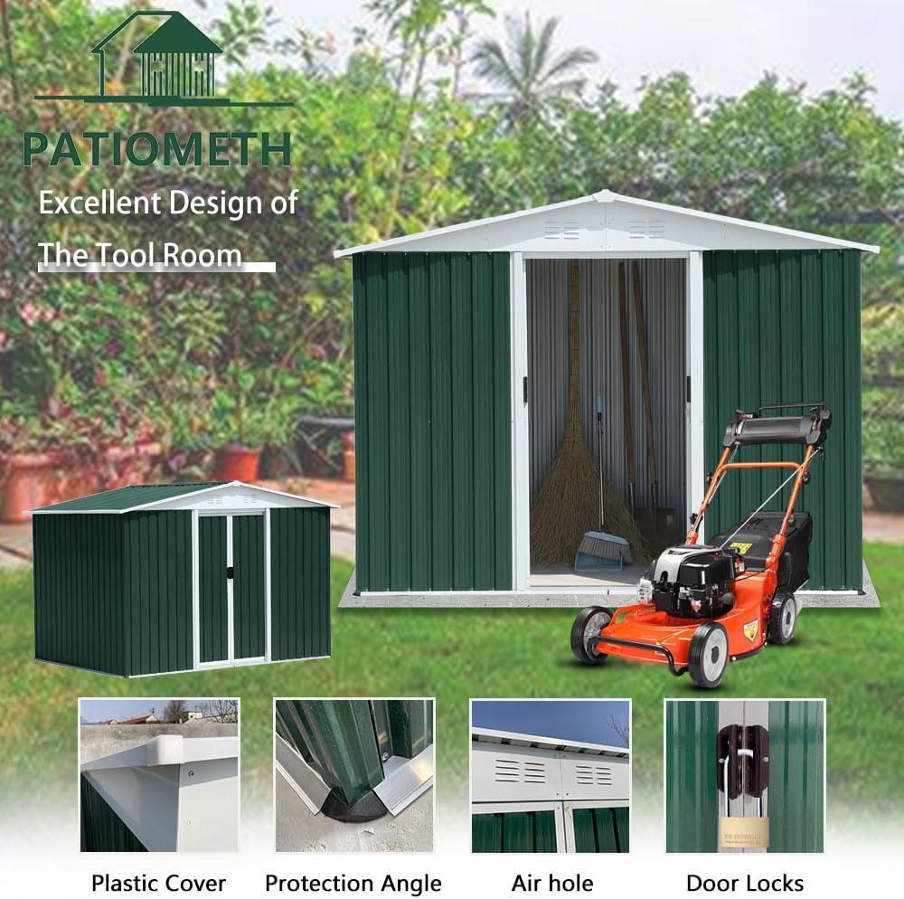 8' x 6' Outdoor Metal Storage Shed Outdoor Shed Galvanized Steel Garden Shed with Sliding Door and Window for Ventilation Storage Sheds House for Backyard Garden（Green）