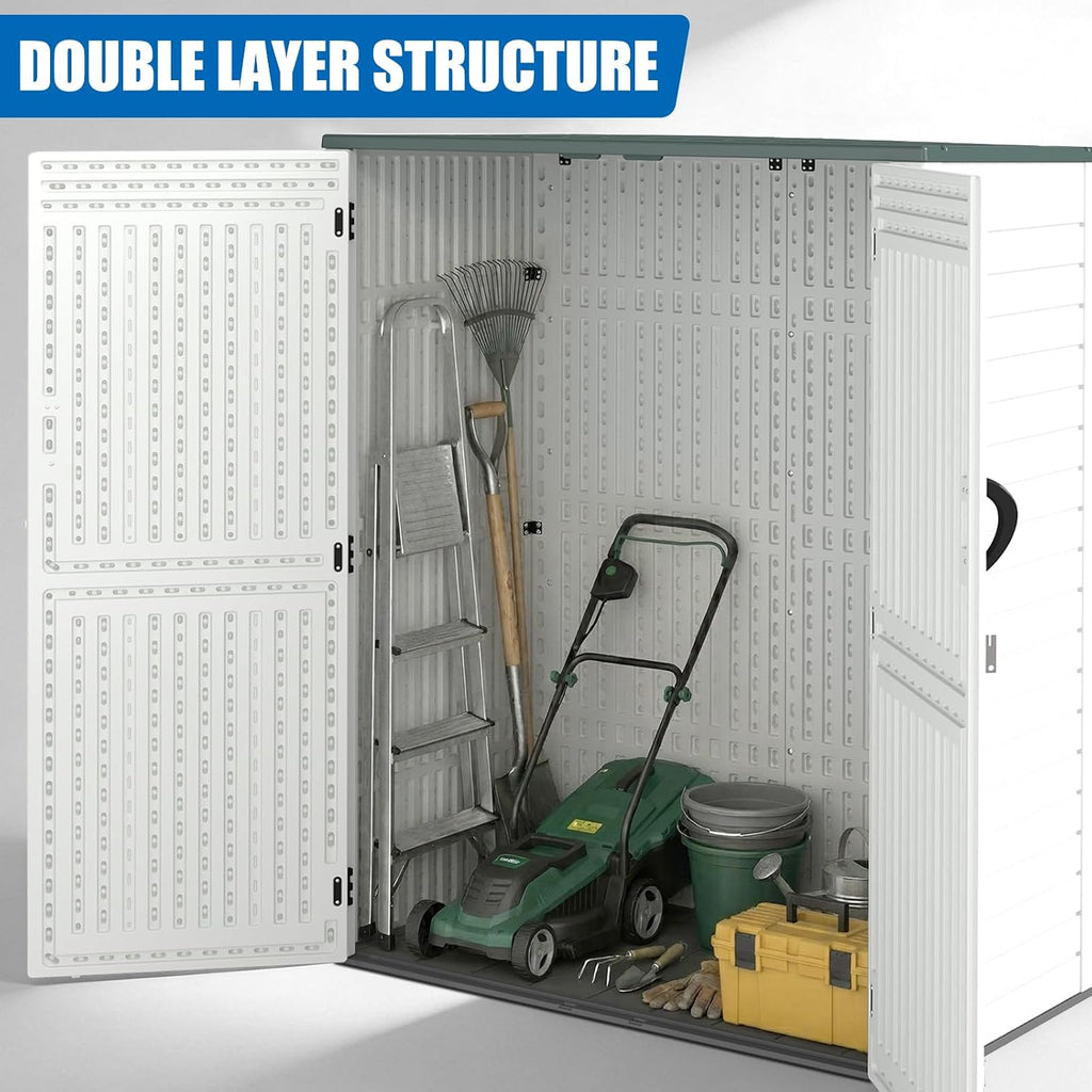 EHHLY Vertical Resin Storage Shed, 60 Cuft Garden Tool Sheds & Outdoor Storage, Plastic Outdoor Storage Cabinet Waterproof, 4.5 x 2.3 ft Backyard Outside Lawn Mower Storage Shed, Light Grey