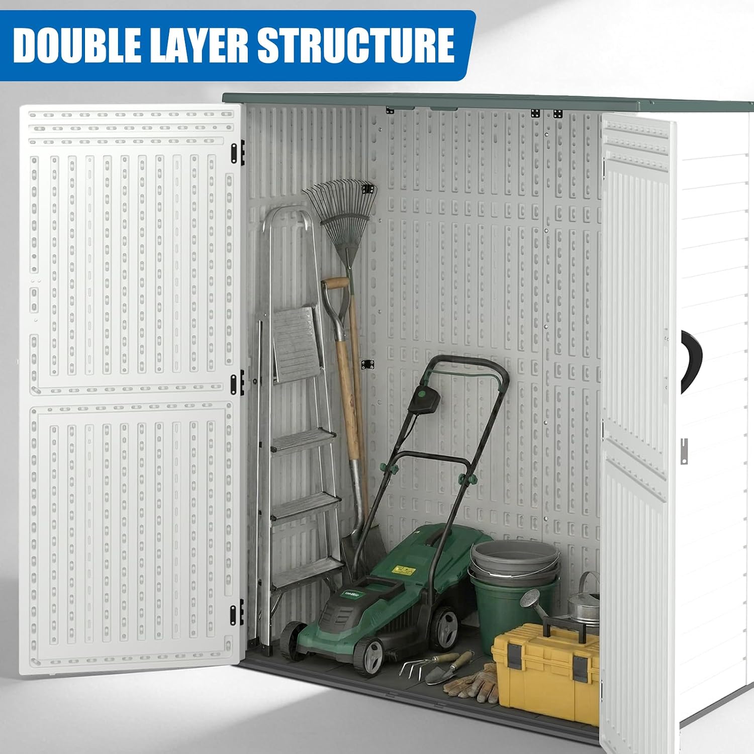 EHHLY Vertical Resin Storage Shed, 60 Cuft Garden Tool Sheds & Outdoor Storage, Plastic Outdoor Storage Cabinet Waterproof, 4.5 x 2.3 ft Backyard Outside Lawn Mower Storage Shed, Light Grey