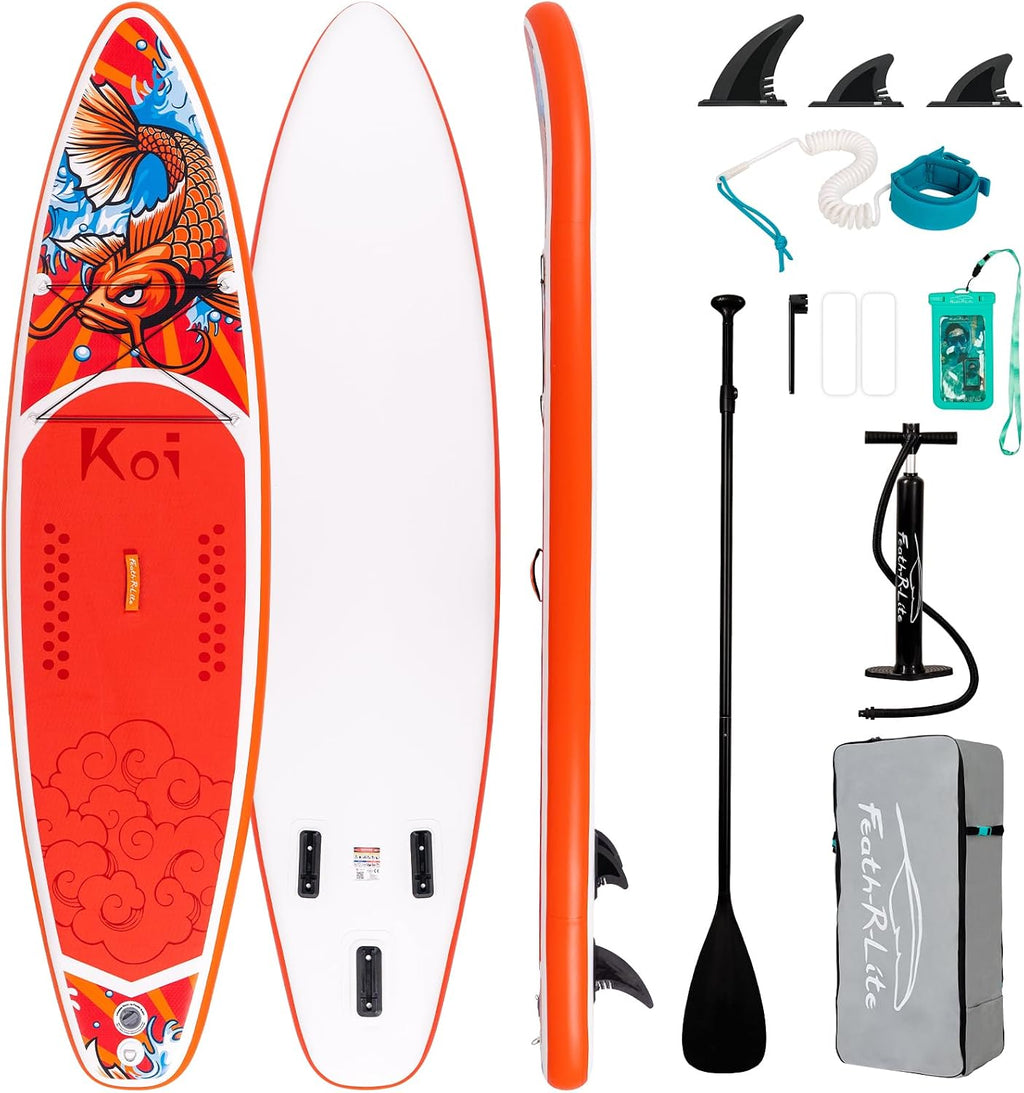 FEATH-R-LITE Inflatable Paddle Board Stand Up Paddleboards for Adults SUP with Premium Accessories Pump, Adjustable Paddle, Leash, Three Fins, Backpack