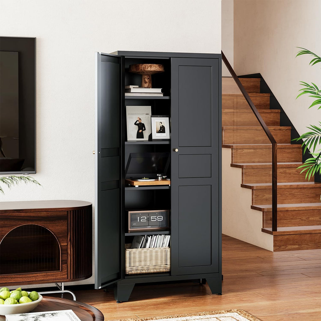 Letaya Black Storage Cabinet with Feets-Metal Home Kitchen Pantry Cabinets with Doors and Adjustable Shelves,Organization Locker for Cupboard/Bedroom/Dining/Living/Bathroom/Office/Garage Room (Black)