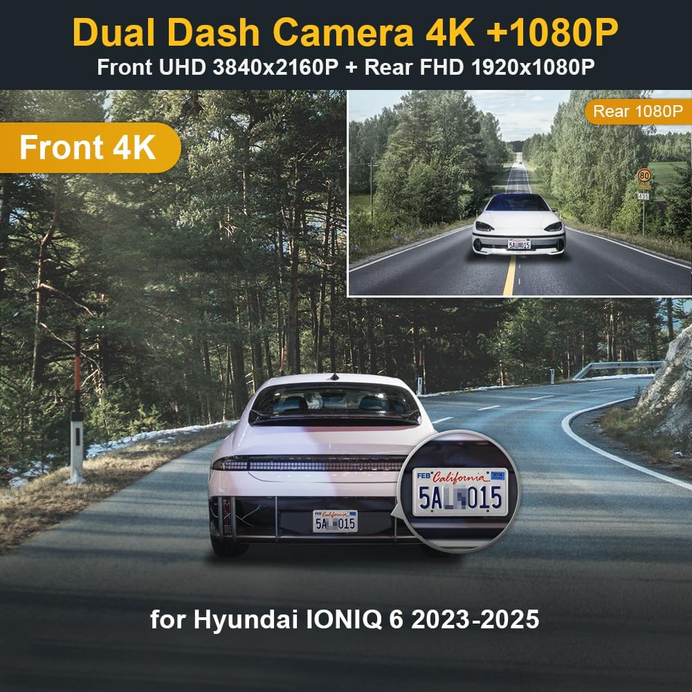 Fitcamx Front 4K+Rear 1080P Dash Cam Adapts for Hyundai IONIQ 6 2023 2024 2025 Limited SEL (Has Auto-Dimming), OEM Style, Dual HD Video, WiFi & APP, Loop Recording, G-Sensor, Easy to Use, 128GB Card