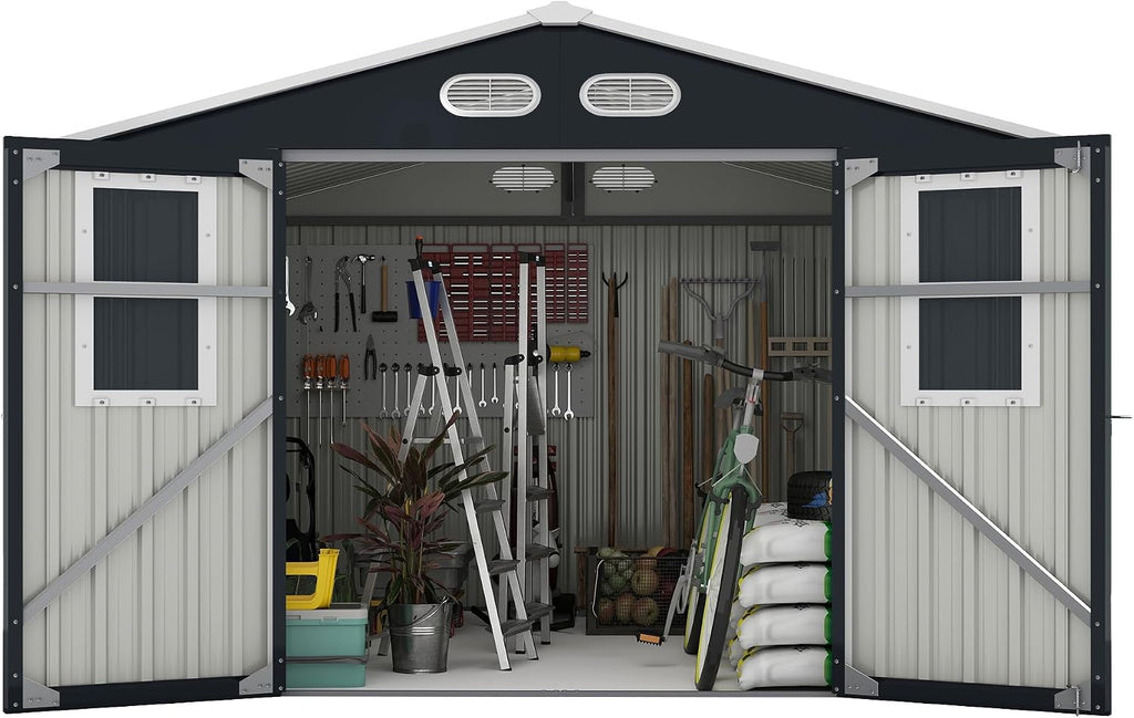 YOPTO 8x8 SF Outdoor Storage Shed,Metal Shed with Lockable Doors & 4 Daylight Windows,Garden Tool Shed w/Air Vents & Sloped Roof, Ideal for Backyard,Patio,Lawn,Dark Gray