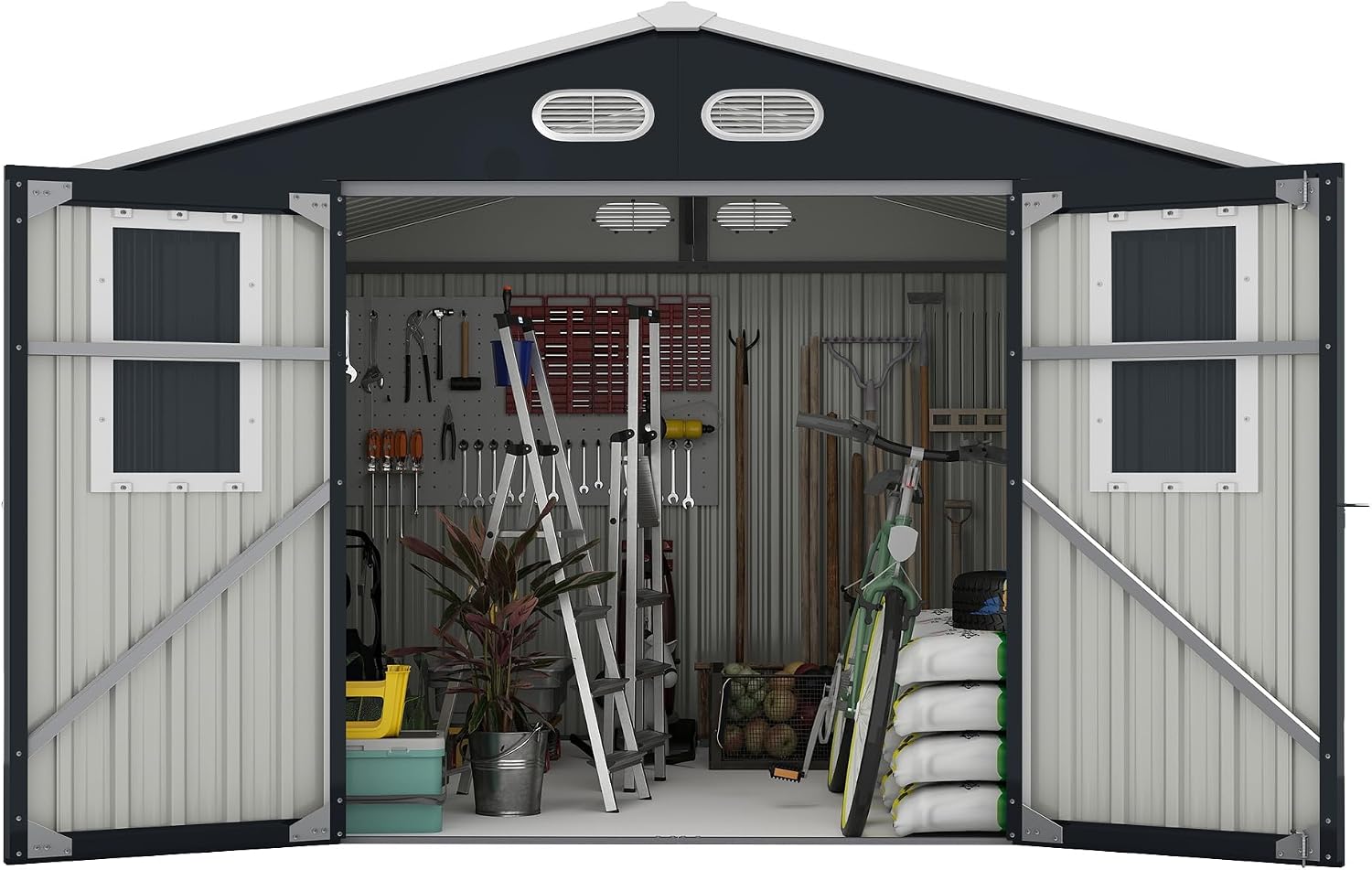 YOPTO 8x8 SF Outdoor Storage Shed,Metal Shed with Lockable Doors & 4 Daylight Windows,Garden Tool Shed w/Air Vents & Sloped Roof, Ideal for Backyard,Patio,Lawn,Dark Gray
