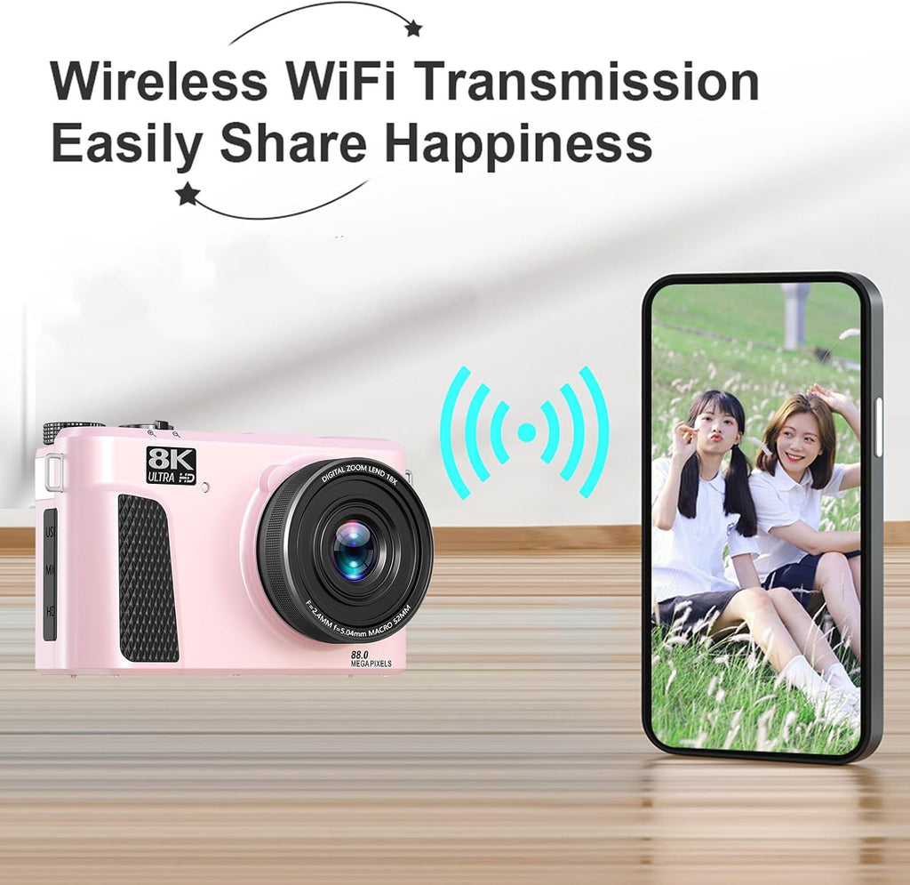 PUSOKEI 8K Digital Camera, Auto Focus 88MP Cameras for Photography, 18x Zoom WiFi Vlogging Camera, 3 inch Flip Screen, with Webcam Mode, Filter, Multiple Filters LED Fill Light (Pink)