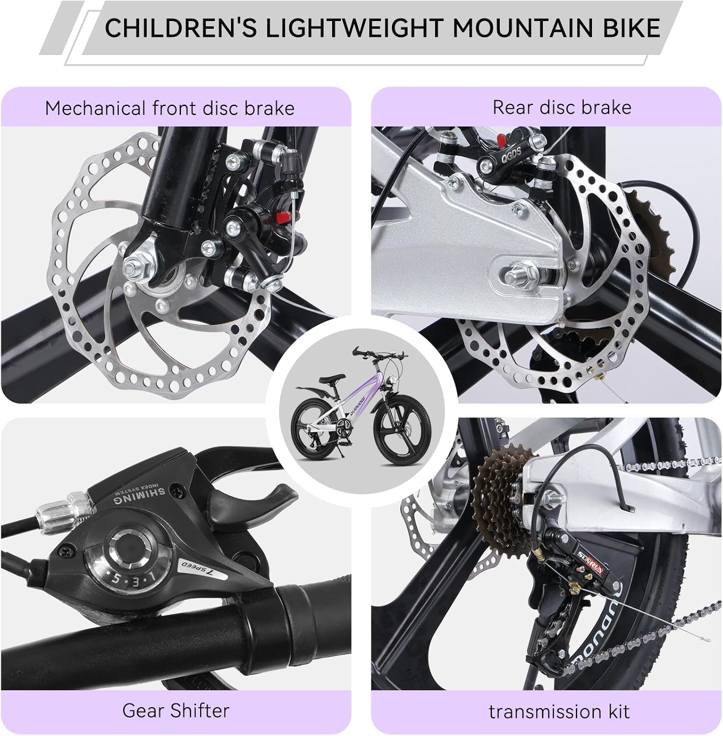 20 Inch Mountain Bike Bicycle for Kids Ages 7-12 with Dual Disc Brakes, 7 Speeds, Shock Absorber, LED Lights,for Boys & Girls