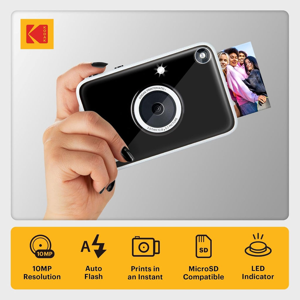 Kodak Printomatic+ Full Color Instant Print Digital Camera Gift Bundle + Case + Zink 2x3 Sticky Back Photo Paper 20pk + Album + Sticker Sets + Sticker Frames + Hanging Frames + Markers Black