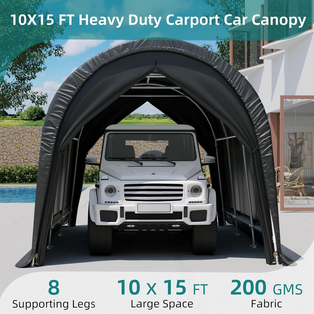 EROMMY Carport 10 x15 FT Heavy Duty, Portable Garage with All-Steel Metal Frame and Round Style Roof, Anti-Snow Car Canopy Outdoor Storage Shelter for Car, Truck, Boat