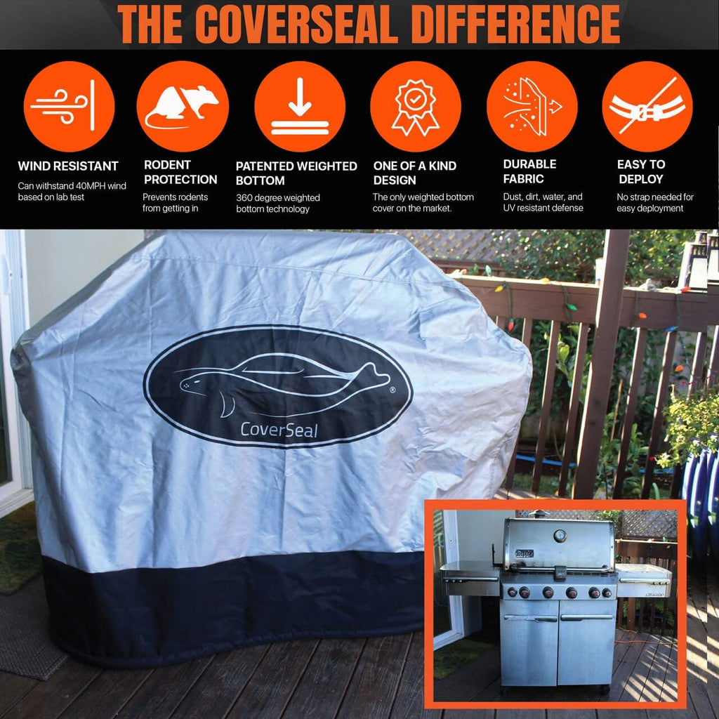 Large BBQ Grill Cover - Weather Resistant Outdoor Barbecue Apron for 4-5 Burner Grill with Side Trays - Compact Seal from Ground Up - Silver - 60 Inches L x 28in W x 48in H'