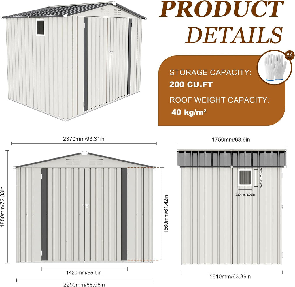 8x5.7x6FT Storage Shed, Outdoor Galvanized Steel Garden Shed with Lockable Door & Window, Waterproof Metal Tool Storage for Garden, Backyard, Patio, Lawn