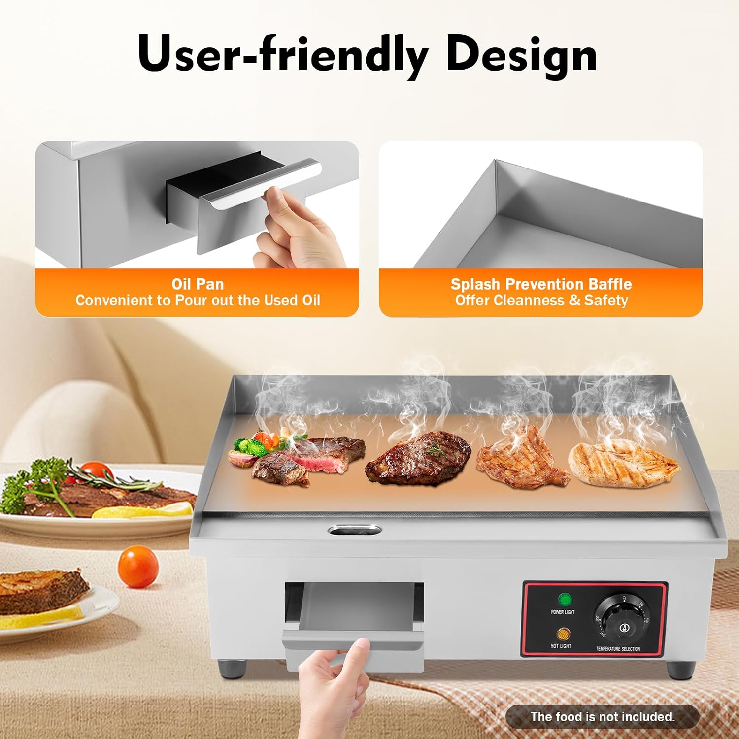 22' Commercial Electric Griddle Countertop Flat Top Griddle Stainless Steel Hibachi Teppanyaki Grill BBQ Plate 122-572℉ Adjustable Temp Control for Restaurant Kitchen,110V (1600W-2)