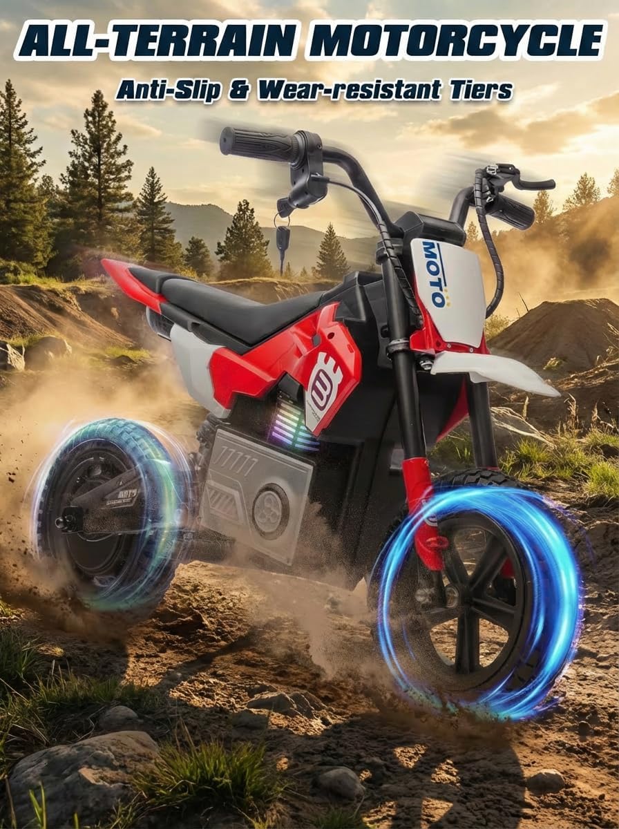 Electric Motorcycle for Kids Ages 5-10, 24V 200W Higher Speed Electric Dirt Bike, Kids Ride On Motorcycle with Rear Wheel Shock Absorber, LED Breath Light, Bluetooth, Music, Horn, Red
