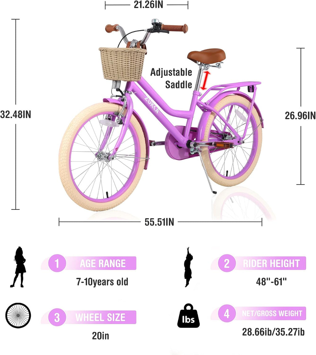 WEEROCK Girls Bike 20/24 Inch Kid Bicycle for 7 + Years Old, 20' 24' Bikes with Front Basket and Rear Rack, V and Coaster Brake for Children, Student Multiple Colors
