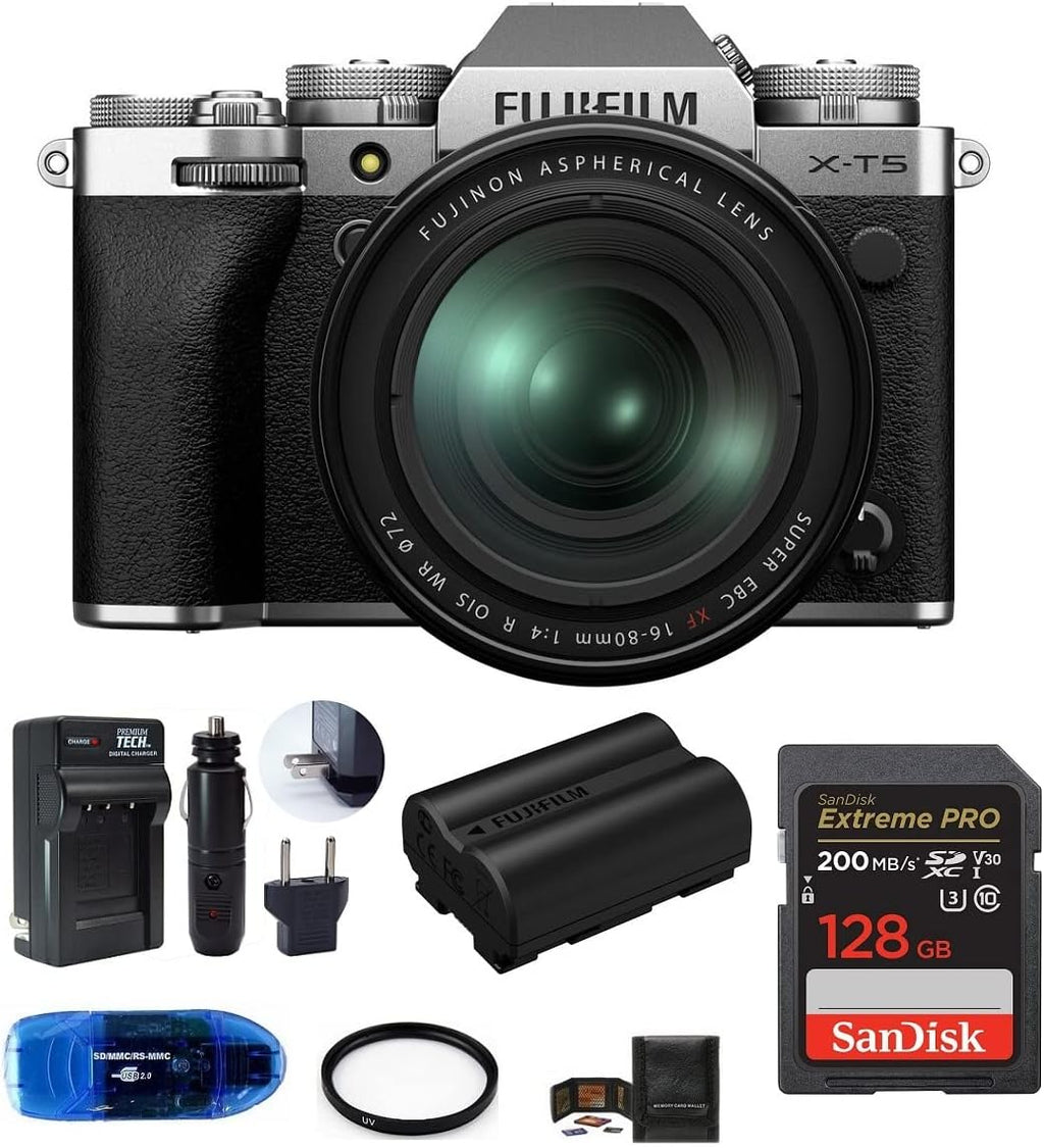Fujifilm X-T5 Mirrorless Digital Camera with XF 16-80mm f/4 R OIS WR Lens Bundle, Includes: SanDisk 128GB Extreme PRO SDXC Memory Card, Spare Fujifilm NP-W235 Battery + More (Silver)