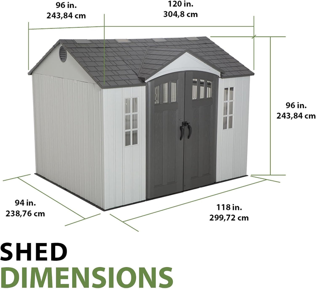 Lifetime 10×8 Ft. Outdoor Storage Shed, Dual‑Wall HDPE with Steel‑Reinforced Structure, Side‑Entry Doors with Windows, Skylight, Screened Vents, Adjustable Shelves, Slip‑Resistant Floor, UV‑Protected
