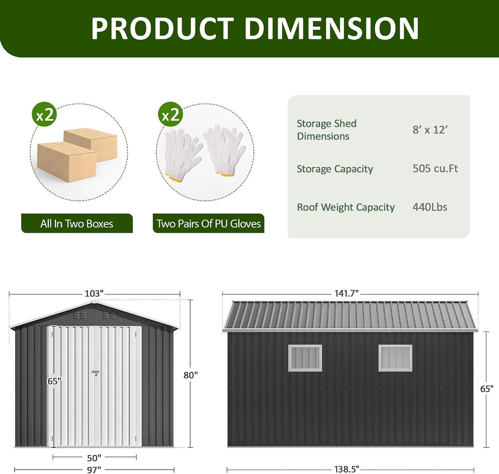 DAUSOLA 8x11.6 FT Outdoor Storage Shed, Metal Garden Tool Shed with Updated Frame Structure, Lockable Doors and Windows, Ideal for Backyard Garden Patio Lawn, Grey
