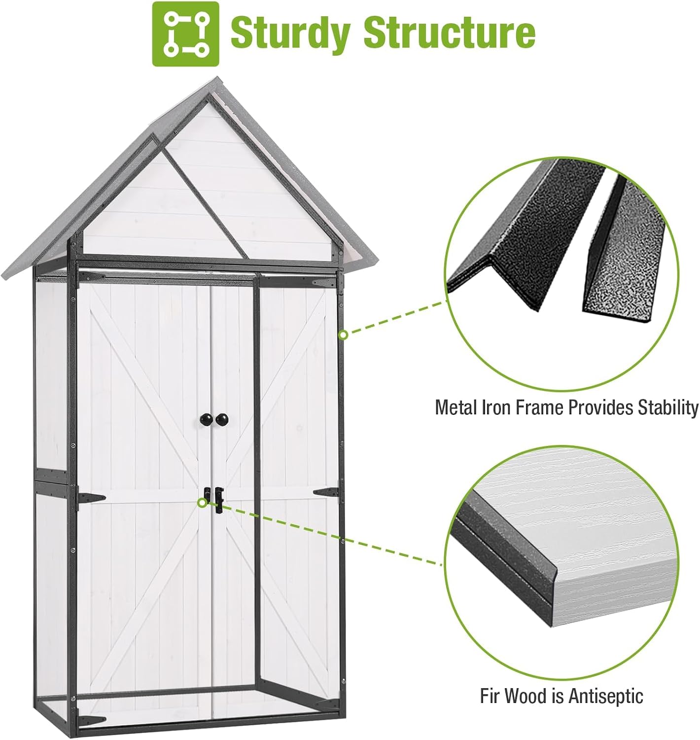 Outdoor Storage Sheds, Wooden Garden Cabinet with Metal Frame and Adjustable Shelves, Large Outdoor Shed with Floor, for Patio, Lawn and Backyard (White)