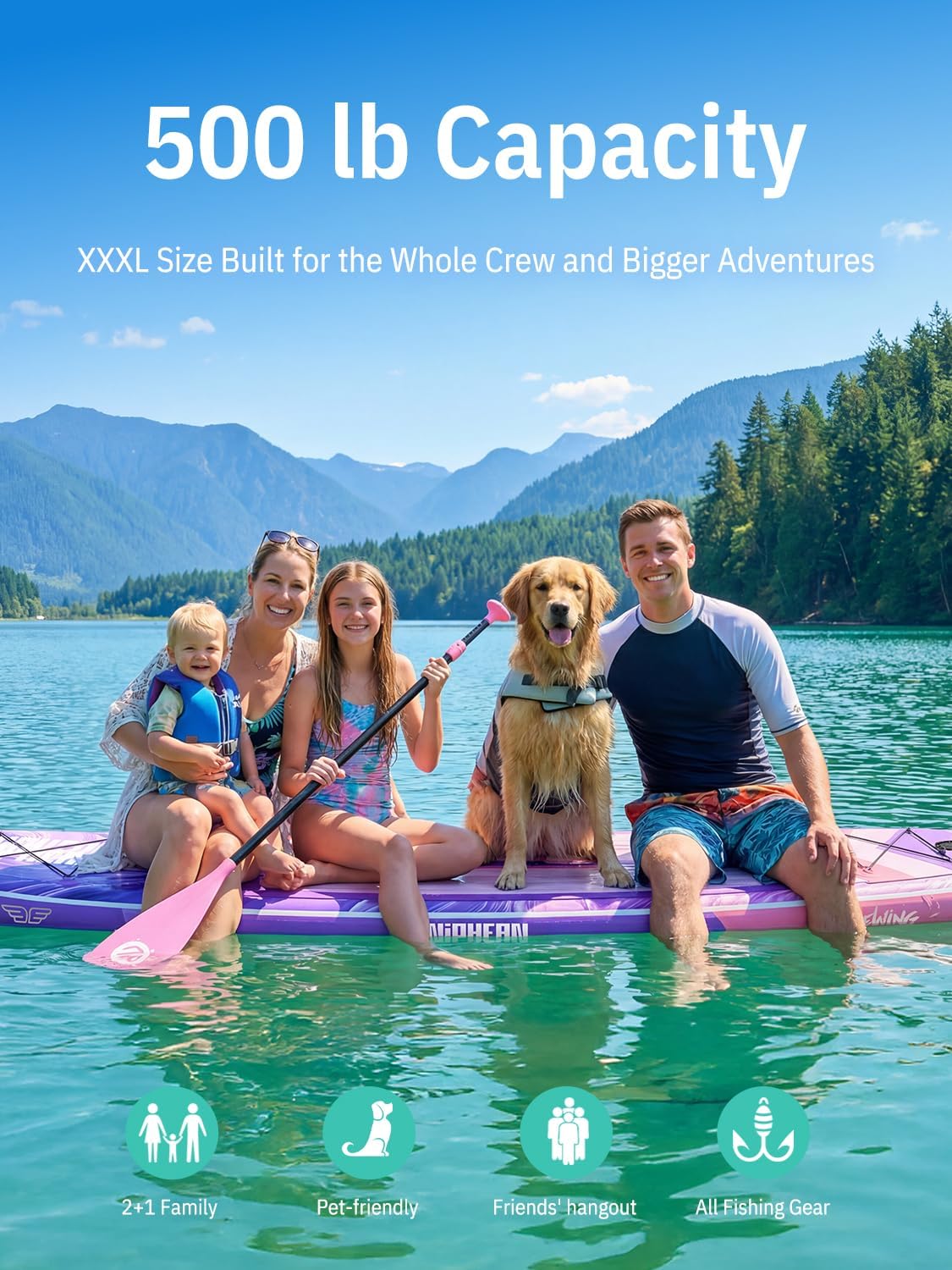 Niphean (Extra Large) Inflatable Paddle Board, SUP for 2+1 People/Family 500lbs Capacity Stand Up Paddle Board with SUP Accessories, StabilTrac Fin Non-Slip Paddleboard for Adults