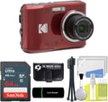 Kodak PIXPRO FZ45 16MP Digital Camera 4X Optical Zoom 27mm Wide Angle 1080P Full HD Video 2.7' LCD Camera (Red) + 64GB Card and Reader + Memory Wallet + Tripod + Cleaning Bundle