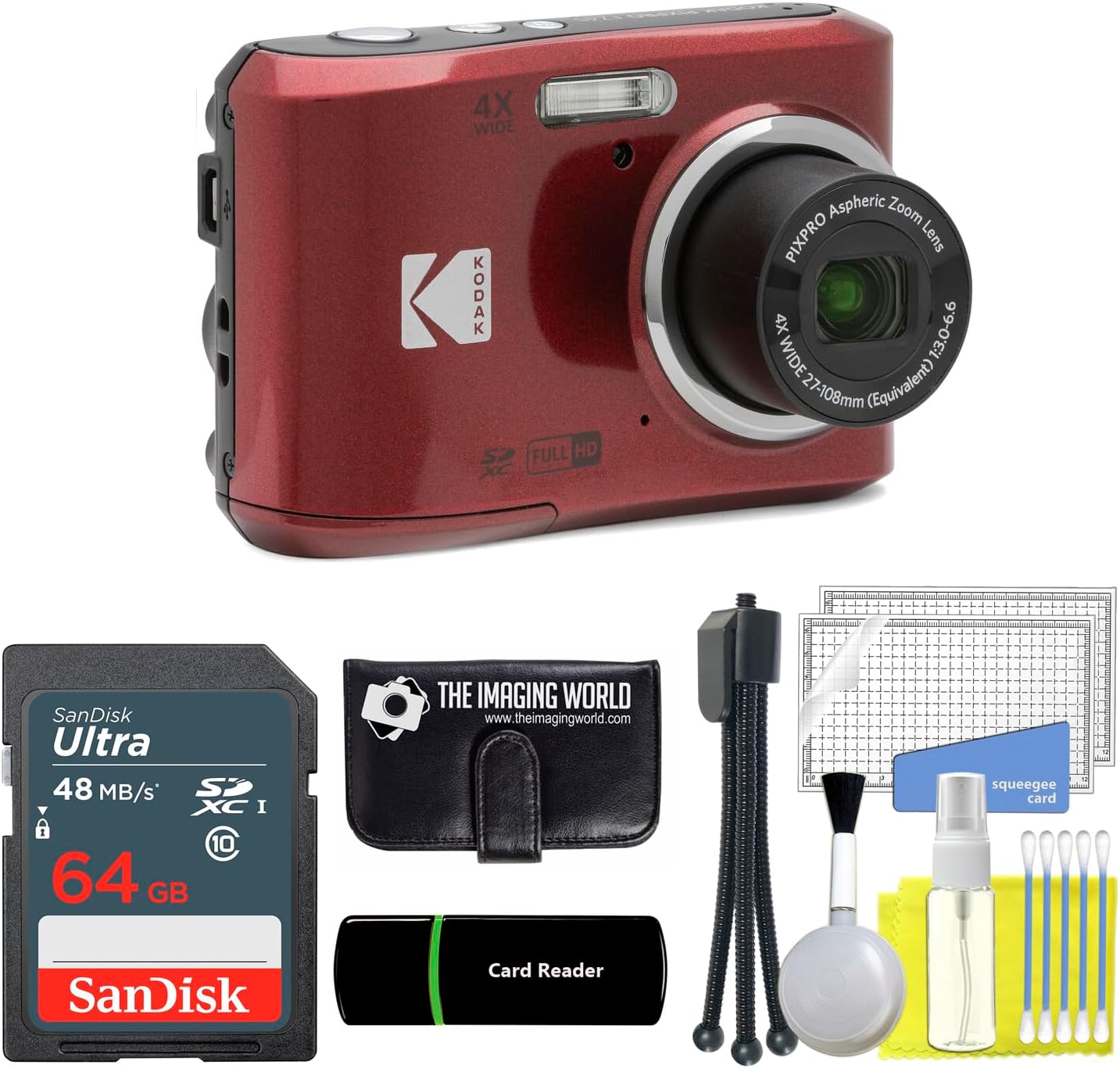 Kodak PIXPRO FZ45 16MP Digital Camera 4X Optical Zoom 27mm Wide Angle 1080P Full HD Video 2.7' LCD Camera (Red) + 64GB Card and Reader + Memory Wallet + Tripod + Cleaning Bundle