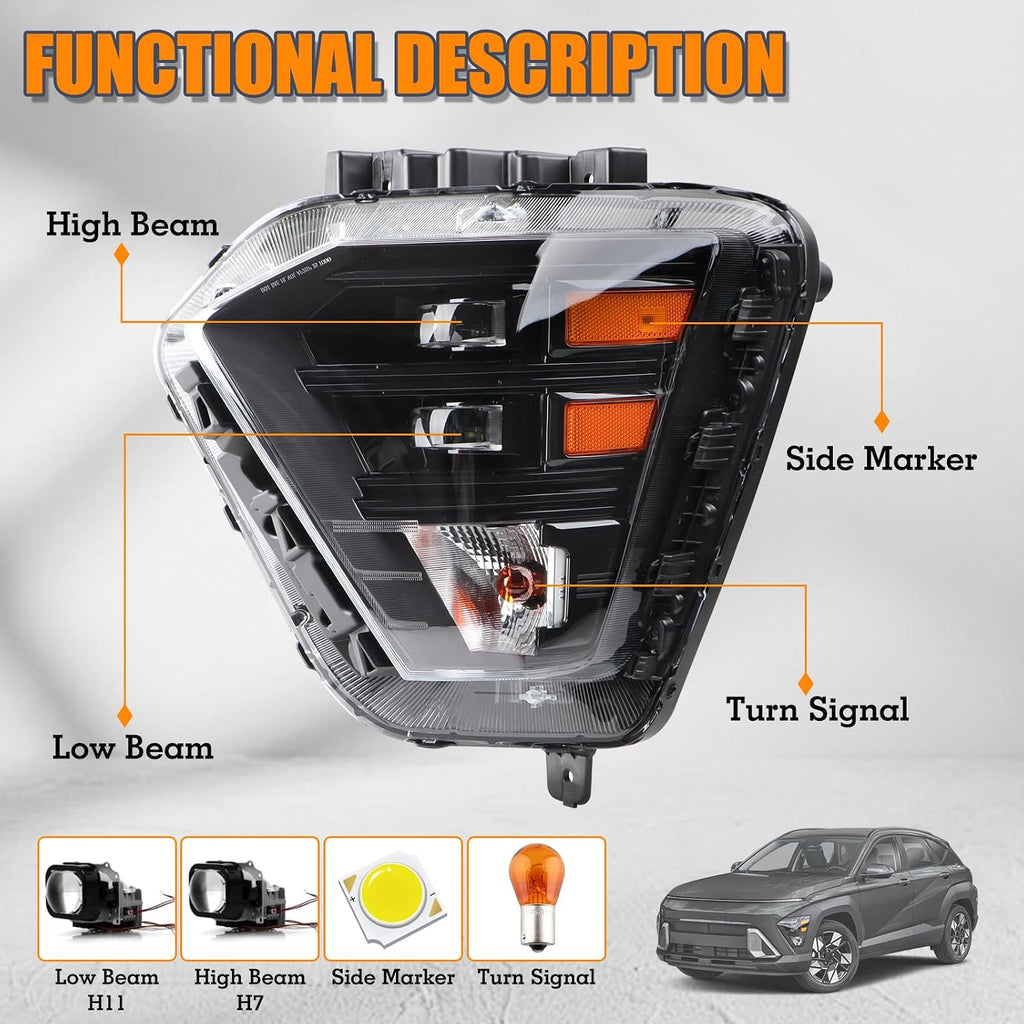 LH LED Headlight W/Halogen Turn Signal Assembly Compatible with 2024 2025 Hyndai Kona SE/SEL/N Line Headlamp Left Driver Side 92101-BE020