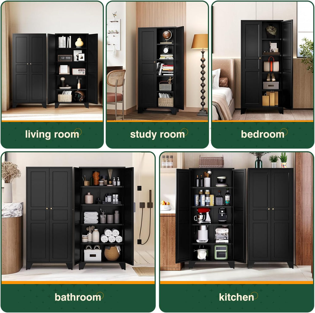 Letaya Black Storage Cabinet with Feets-Metal Home Kitchen Pantry Cabinets with Doors and Adjustable Shelves,Organization Locker for Cupboard/Bedroom/Dining/Living/Bathroom/Office/Garage Room (Black)