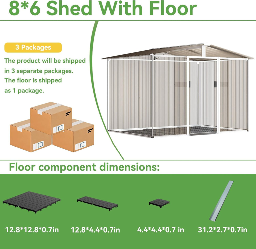 Gotland 8FT x 6FT Shed with Floor, Metal Shed with Sloped Steps Waterproof Sloped Roof, Storage Shed with 2 Lockable Slide Doors, Outdoor Shed for Backyard Patio Lawn Brown
